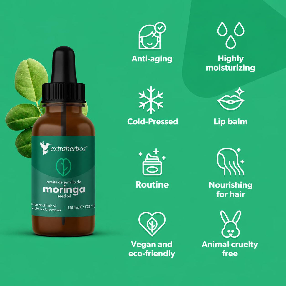Extraherbos Aceite de Moringa Puro Orgánico, Prensado en Frío, Facial y Capilar, Antiedad, Rico en Vitamina E - Hidratación Profunda, Elasticidad y Reducción de Arrugas, 30ml