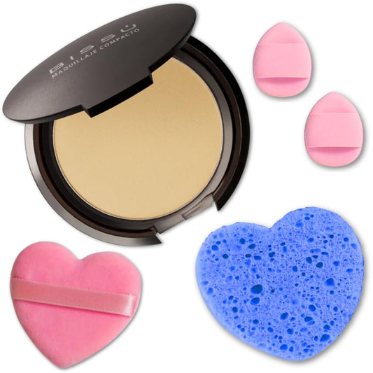 Kit de maquillaje y exfoliación – Polvo compacto Bissú + 1 Almohadilla de terciopelo mediano + 2 Almohadillas de dedos + 1 esponja exfoliante facial (13 Bronce)