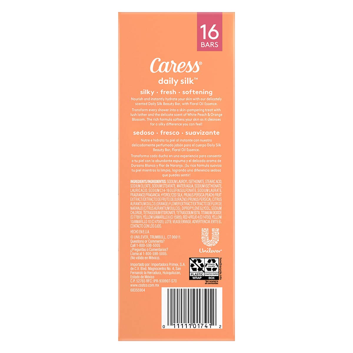 Caress - Caress Daily Silk, Jabón Corporal en Barra con Durazno y Flor de Naranjo. Caja con 16 barras.