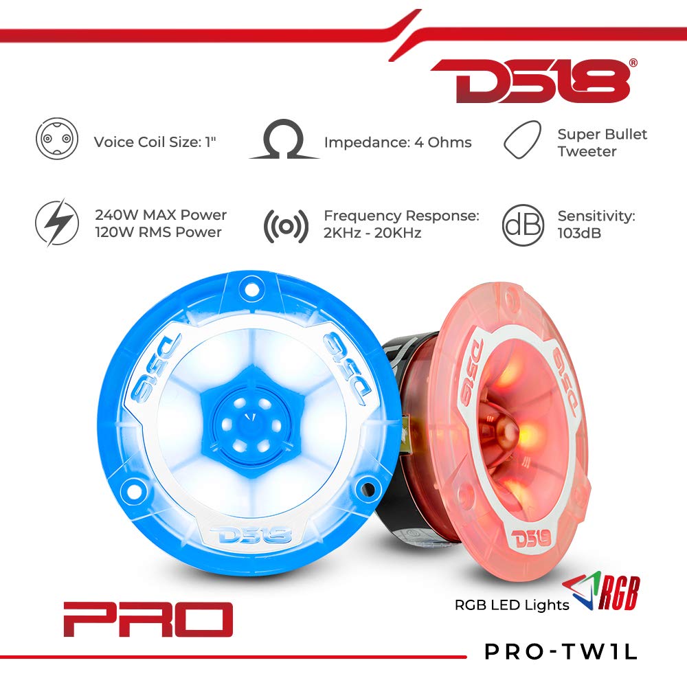 DS18 PRO-TW1L - altavoz de agudos Super Bullet de aluminio RGB de 3.8 pulgadas, bobina de voz de 1 pulgada, cuerpo de policarbonato y bala, 400 W máximo, 200 W RMS, 4 ohmios, cruce integrado, los tweeters PRO son los mejores, 2 altavoces