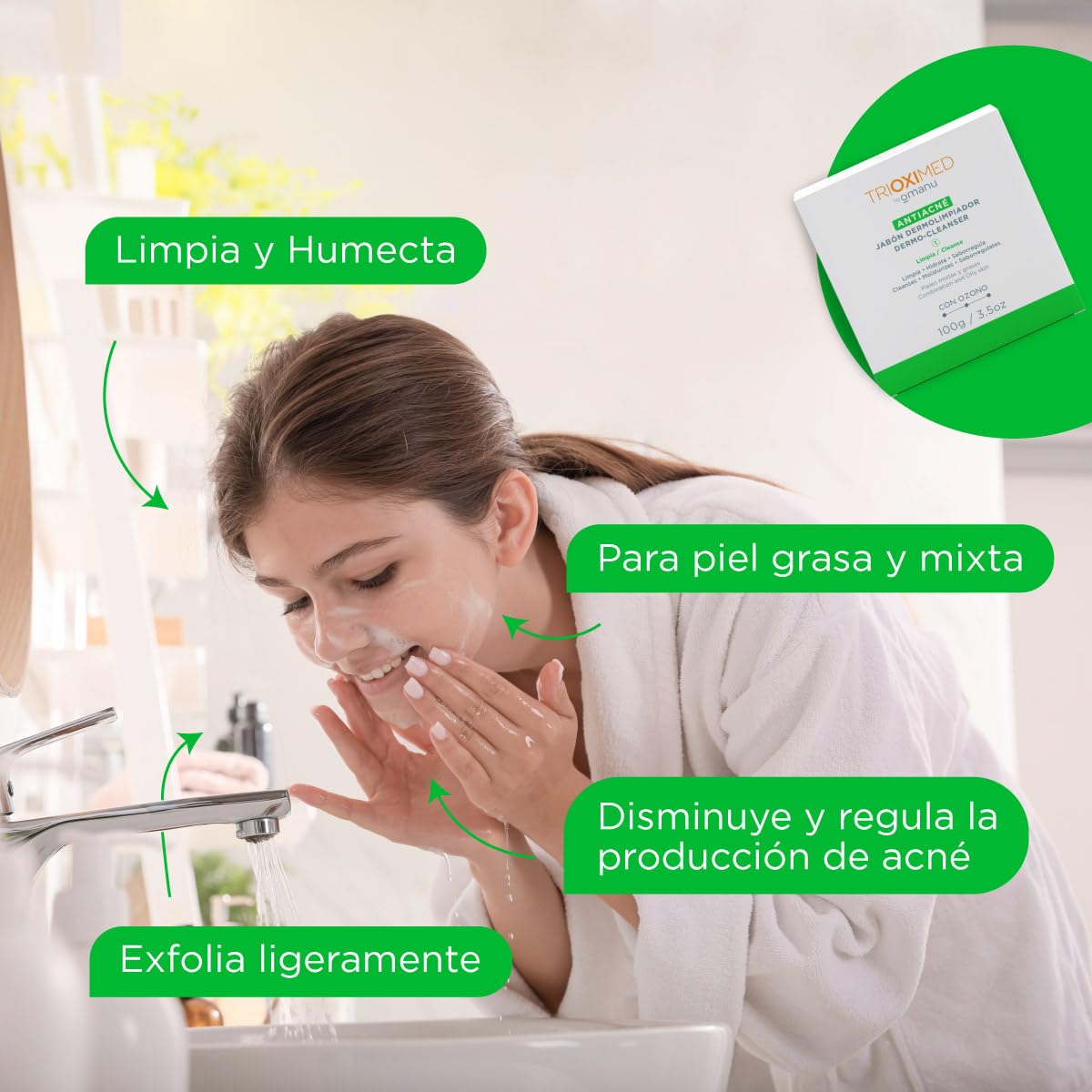 TRIOXIMED Jabón Dermolimpiador Antiacné con Ozono, para Piel Mixta y Grasa, 100g (2 piezas)