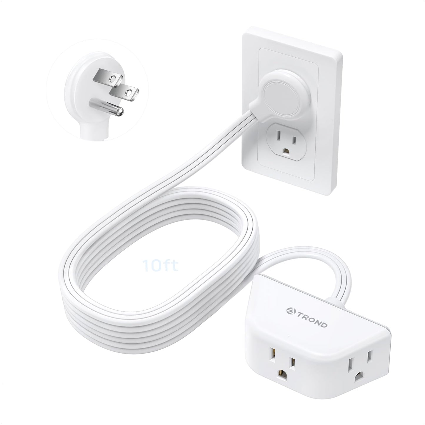 TROND Cable de extensión Plano hacia la Izquierda de 10 pies | Tira de alimentación de Enchufe Plano | 3 Clavijas conectadas a Tierra 3 tomacorrientes | 1625 W | Cable de alimentación Largo de