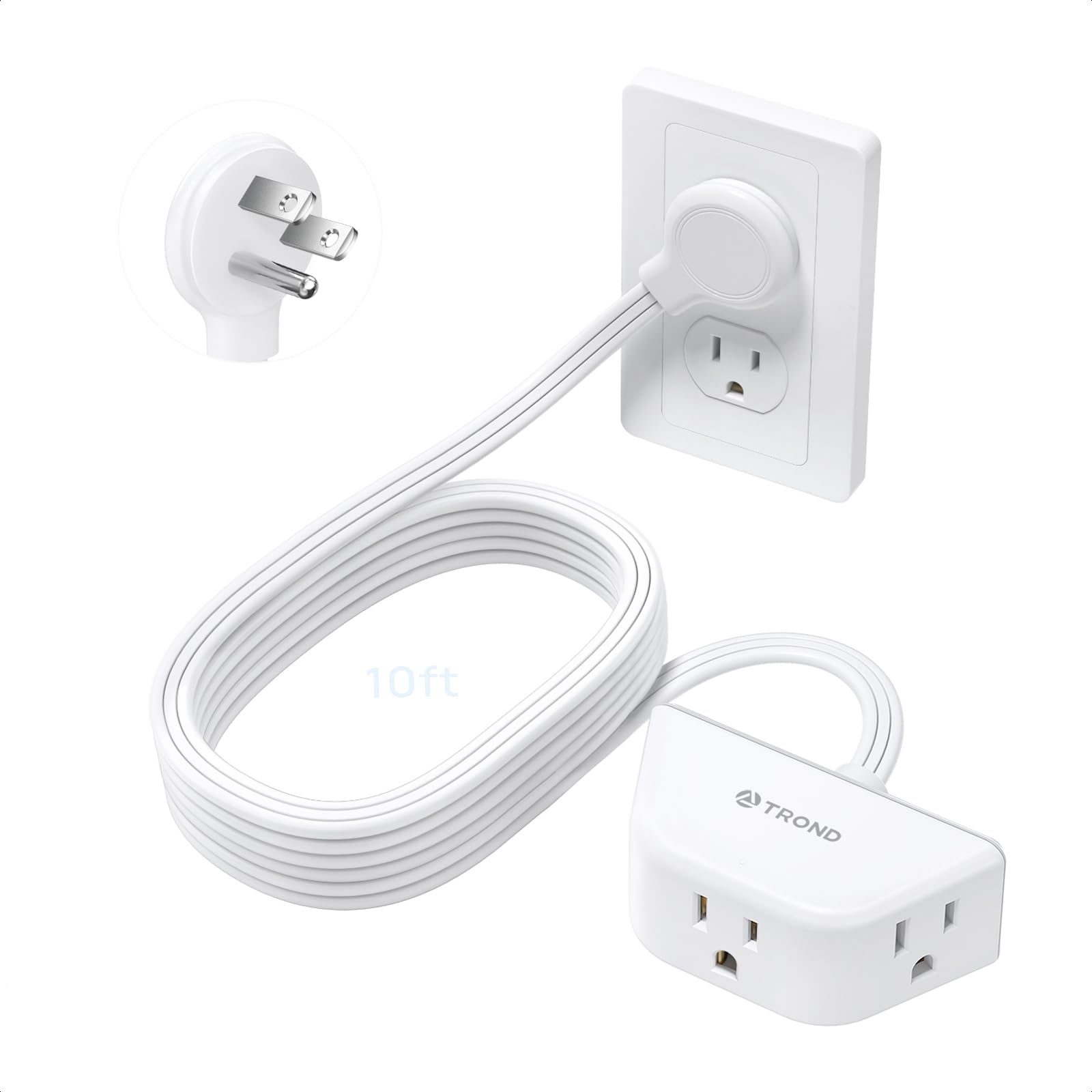 TROND Cable de extensión Plano hacia la Izquierda de 10 pies | Tira de alimentación de Enchufe Plano | 3 Clavijas conectadas a Tierra 3 tomacorrientes | 1625 W | Cable de alimentación Largo de