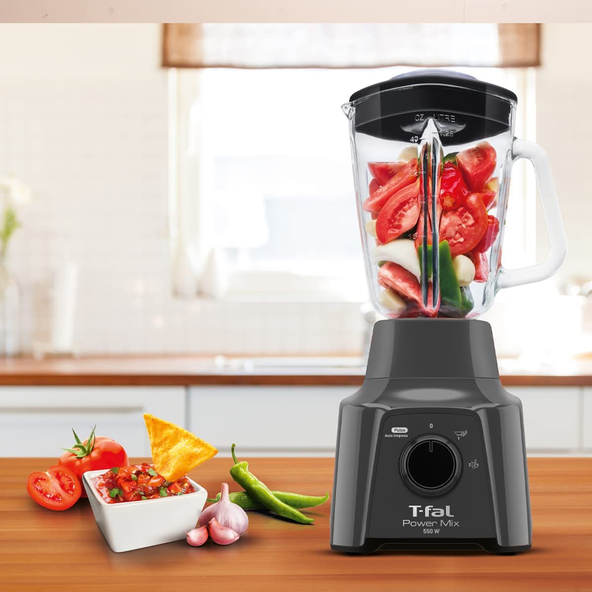 Licuadora 2 Velocidades Powermix T-fal, con Vaso de Vidrio de 1.25 litros, 4 cuchillas de acero inoxidable Zelkrom desmontables para fácil limpieza, Gris, modelo LN283BMX