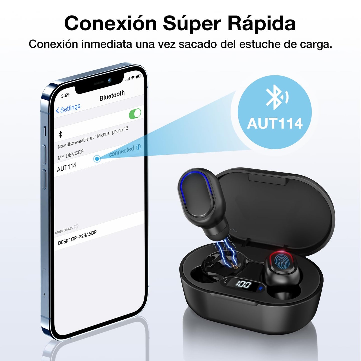 Audífonos Inalámbricos 1 Hora Negro con Pantalla Digital para Correr y Escuchar Música