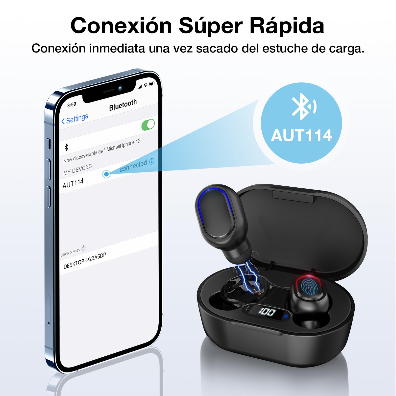 Audífonos Inalámbricos 1 Hora Negro con Pantalla Digital para Correr y Escuchar Música