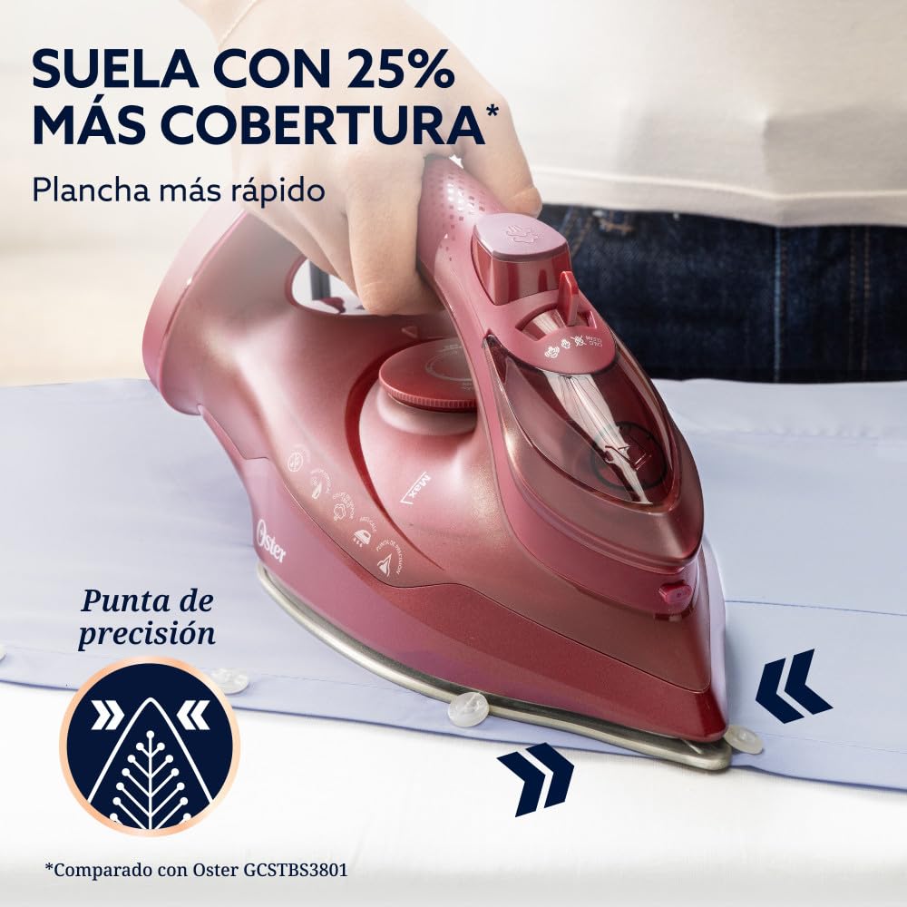 Oster Plancha de Vapor, AeroGlide S7200, con Golpe de Vapor 180 g/min, Recubrimiento Metálico Cerámico, Suela con más Cobertura, Tecnología Aeroceramic, Antigoteo, Rojo, GCSTAC7201-013