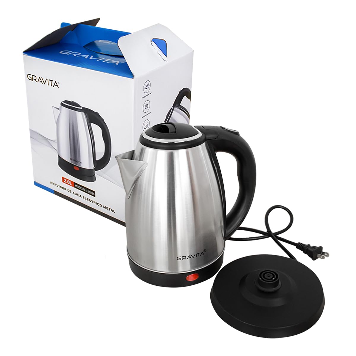 GRAVITA Cafetera Tetera Eléctrica Hervidor de Agua Capacidad 2 Litros, Cuerpo de Acero Inoxidable con Sistema de Ebullición Rápida, Apagado Automático, Potencia 900W.