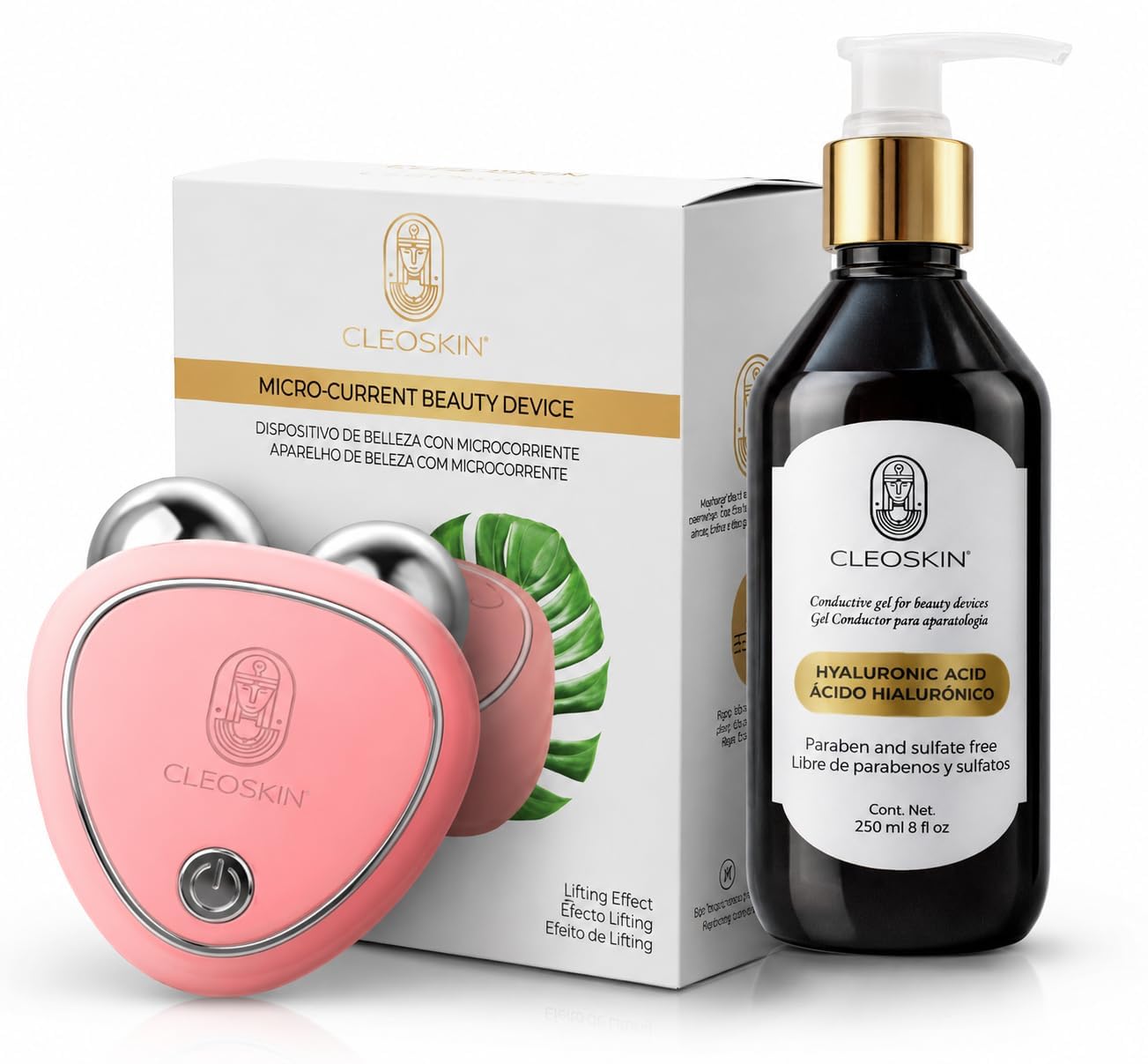CLEOSKIN Kit Masajeador Facial de Microcorriente EMS con Gel Conductor de Ácido Hialurónico 250ml Tonificador Electroestimulador Reafirmante Efecto Lifting Antiarrugas