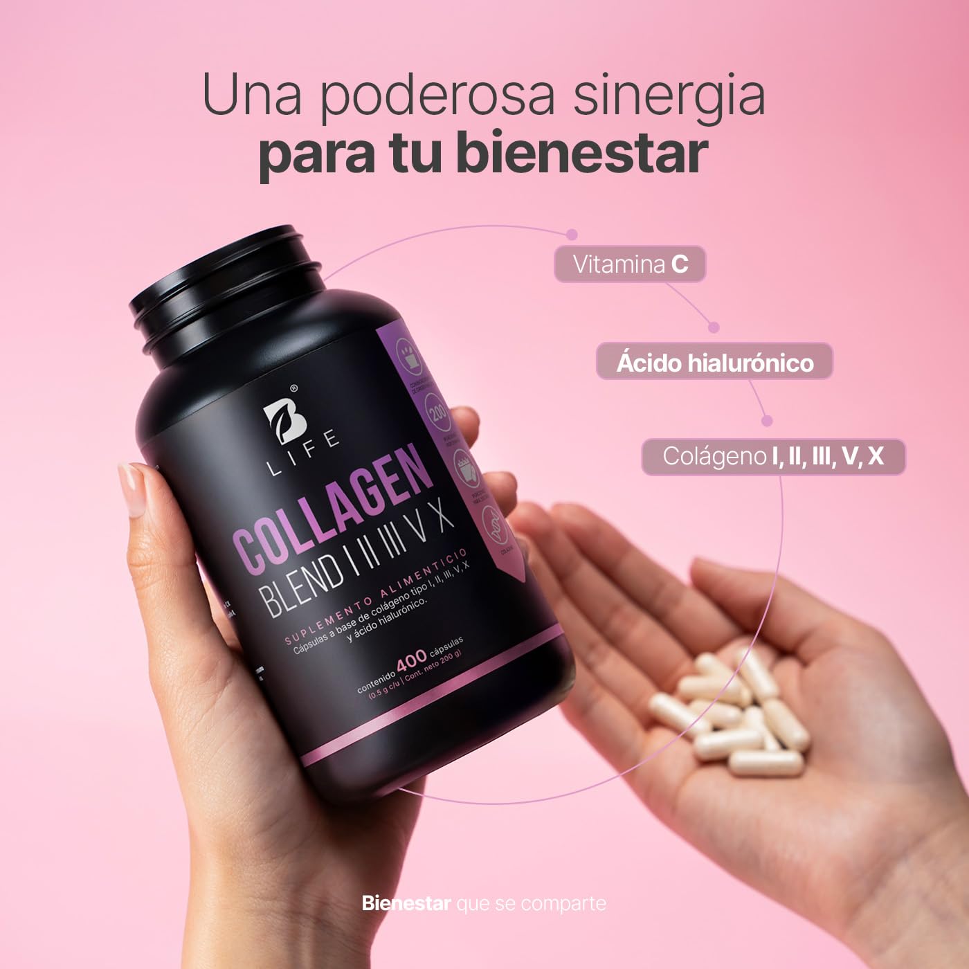 B Life Colágeno Hidrolizado Tipo I, II, III, V y X | 400 cápsulas | Con Vitamina C y Ácido Hialurónico | 1000 mg por porción | Ingredientes Naturales | Collagen Blend I, II, III, V X