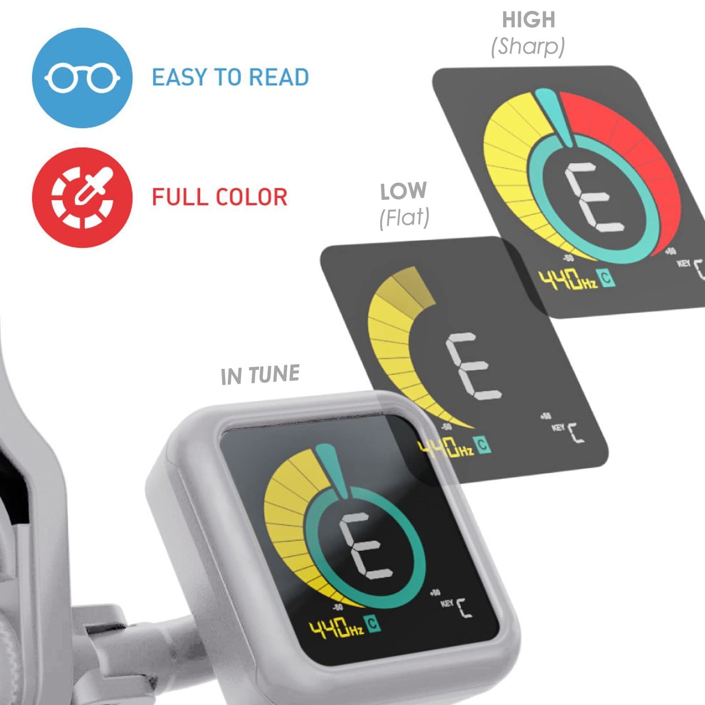 KLIQ UberTuner, sintonizador profesional de clip para guitarra, bajo, ukelele, violín, mandolina, banjo y todos los instrumentos, afinación cromática rápida y precisa con modos multi-tecla, blanco