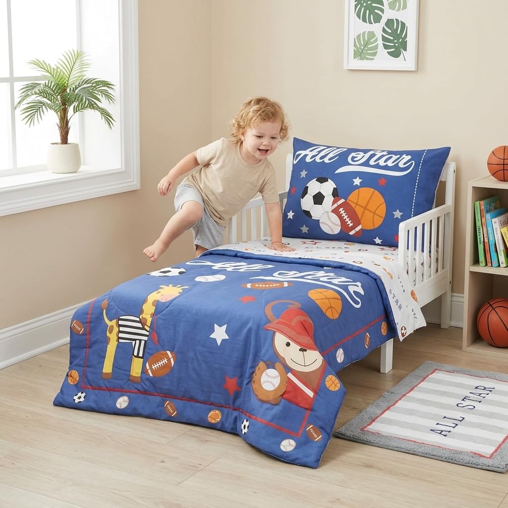 EVERYDAY KIDS - Juego de ropa de cama de 4 piezas para niños pequeños – Jungle Sports – Suave percal 100% algodón, incluye edredón, sábana encimera, sábana bajera ajustable y funda de almohada