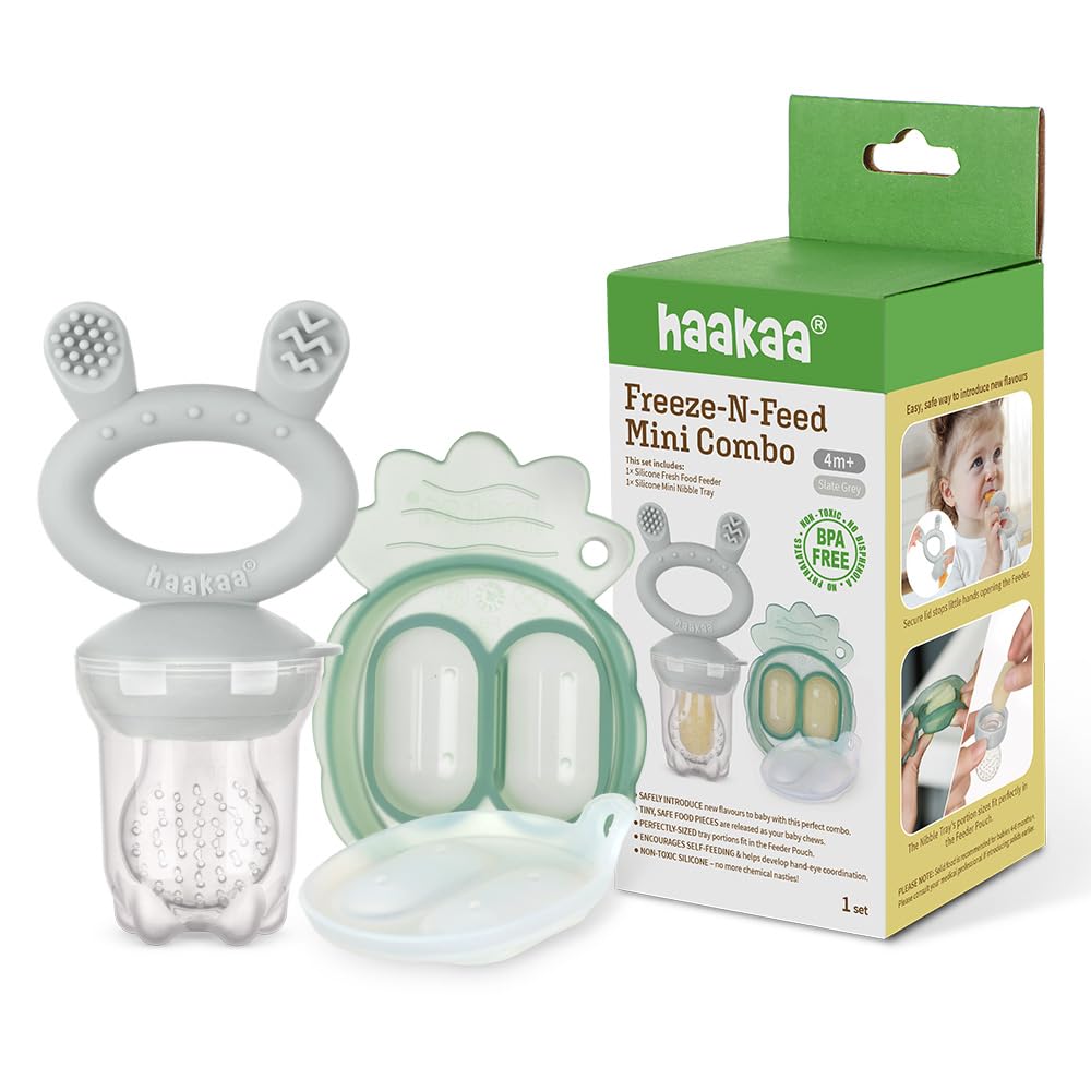 Haakaa Freeze-N-Feed Mini Combo con alimentador de alimentos de silicona y mini bandeja de silicona para picar | Alimentador de alimentos sólidos para bebés | Almacenamiento y alimentador de moldes