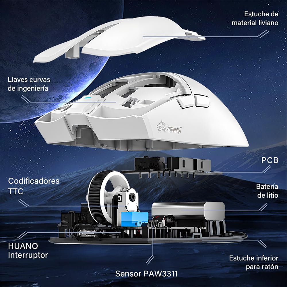Free wolf X2 Mouse Inalámbrico con RGB Cargador, Mouse Gamer con 3 Modos de Conexión(2.4G/Type-c/BT), 24000DPI, con 7 Botones Programables para PC/Mac(Blanco)