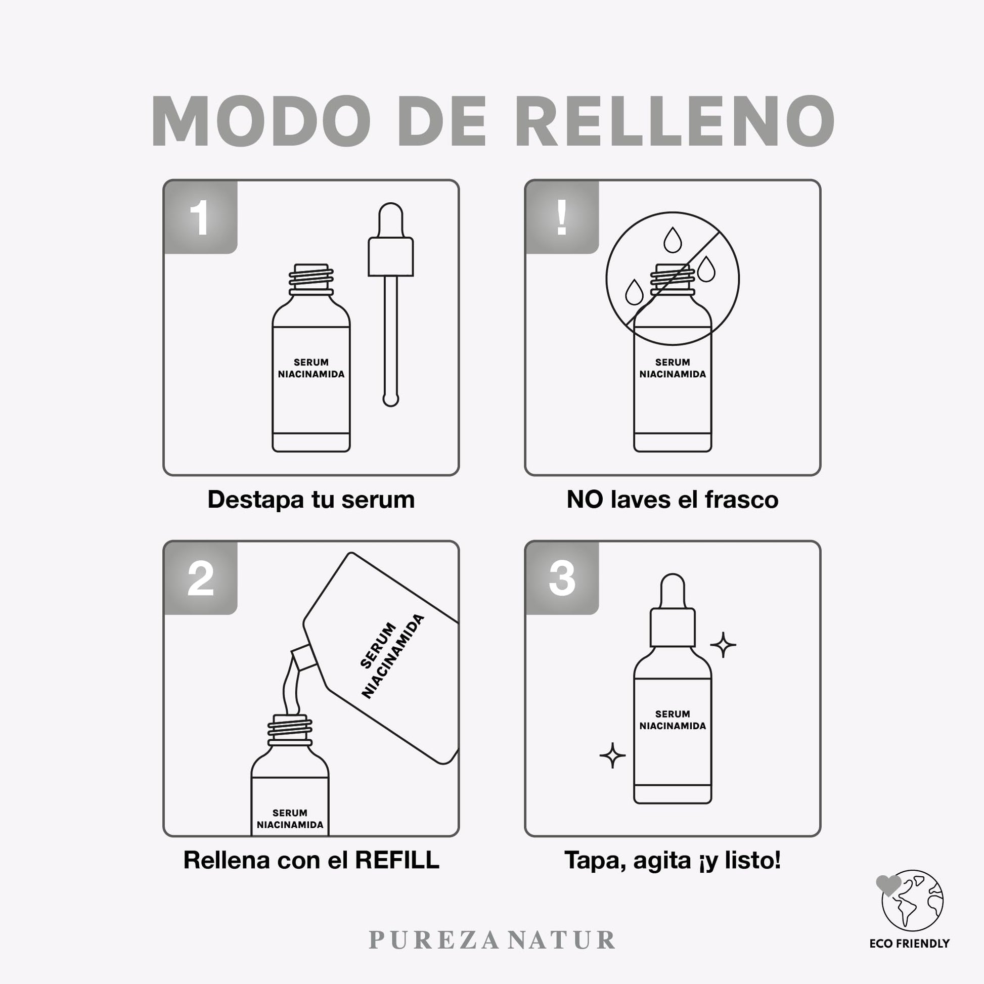 PUREZA NATUR Suero facial Niacinamida B3, Vitamina E y Acido hialurónico 50ml | Serum Niacinamide para todos tipos de piel skin barrier hidratante, antioxidante potente reductor de ojeras y líneas de expresión (Refill 125ml)