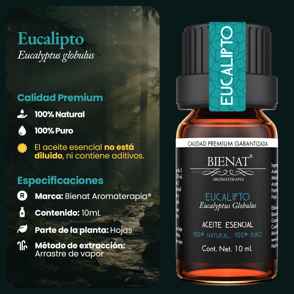 BIENAT AROMATERAPIA Aceite Esencial de Eucalipto 10mL | 100% Puro y Concentrado | Ideal para Difusor de Aromas, Humidificador, Aromaterapia, Masajes, Meditación, Jabones y Velas | Esencia Natural en Gotas