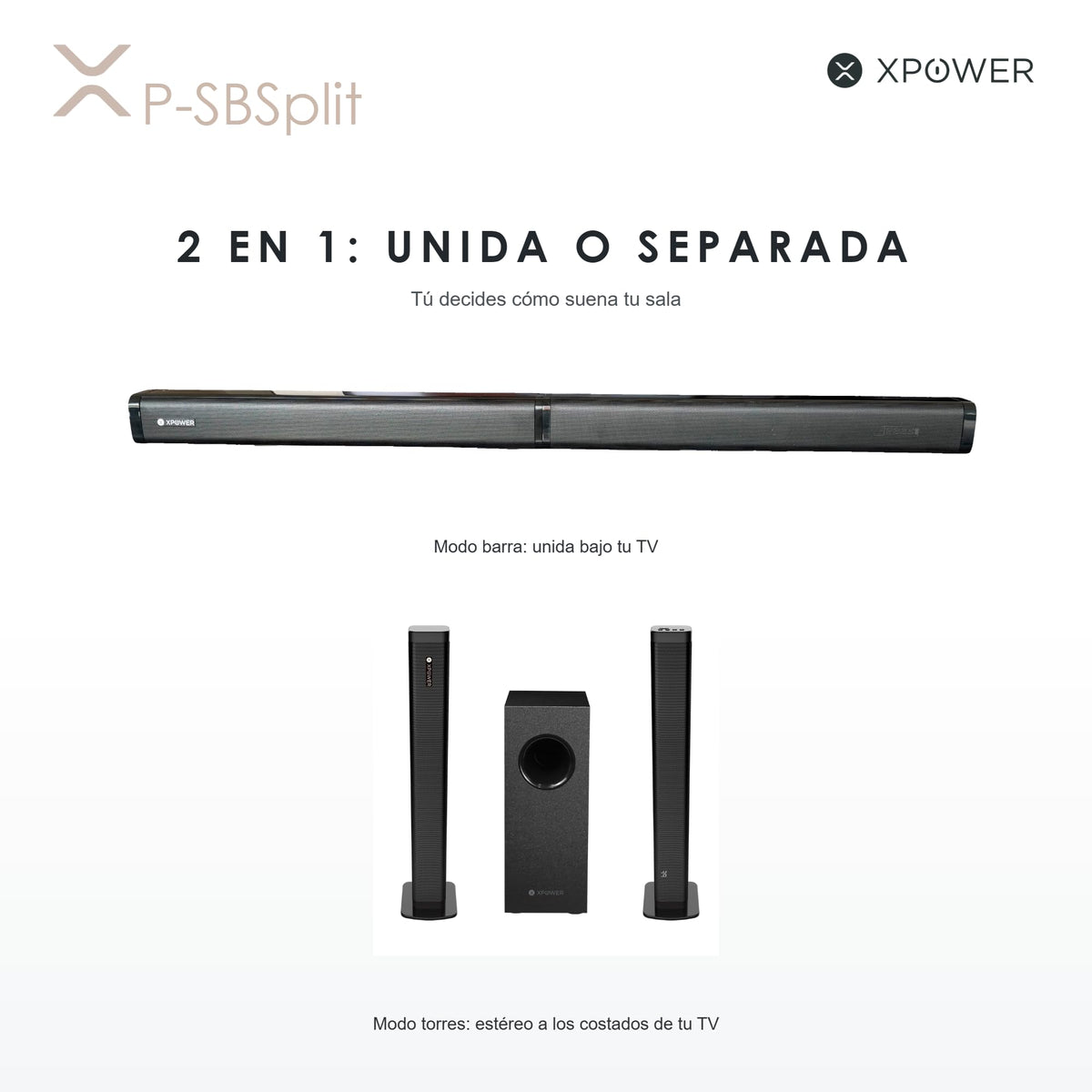Barra de Sonido Separable XP WER Negro 60W Estéreo con HDMI, Óptico y Auxiliar para Montaje en Mesa