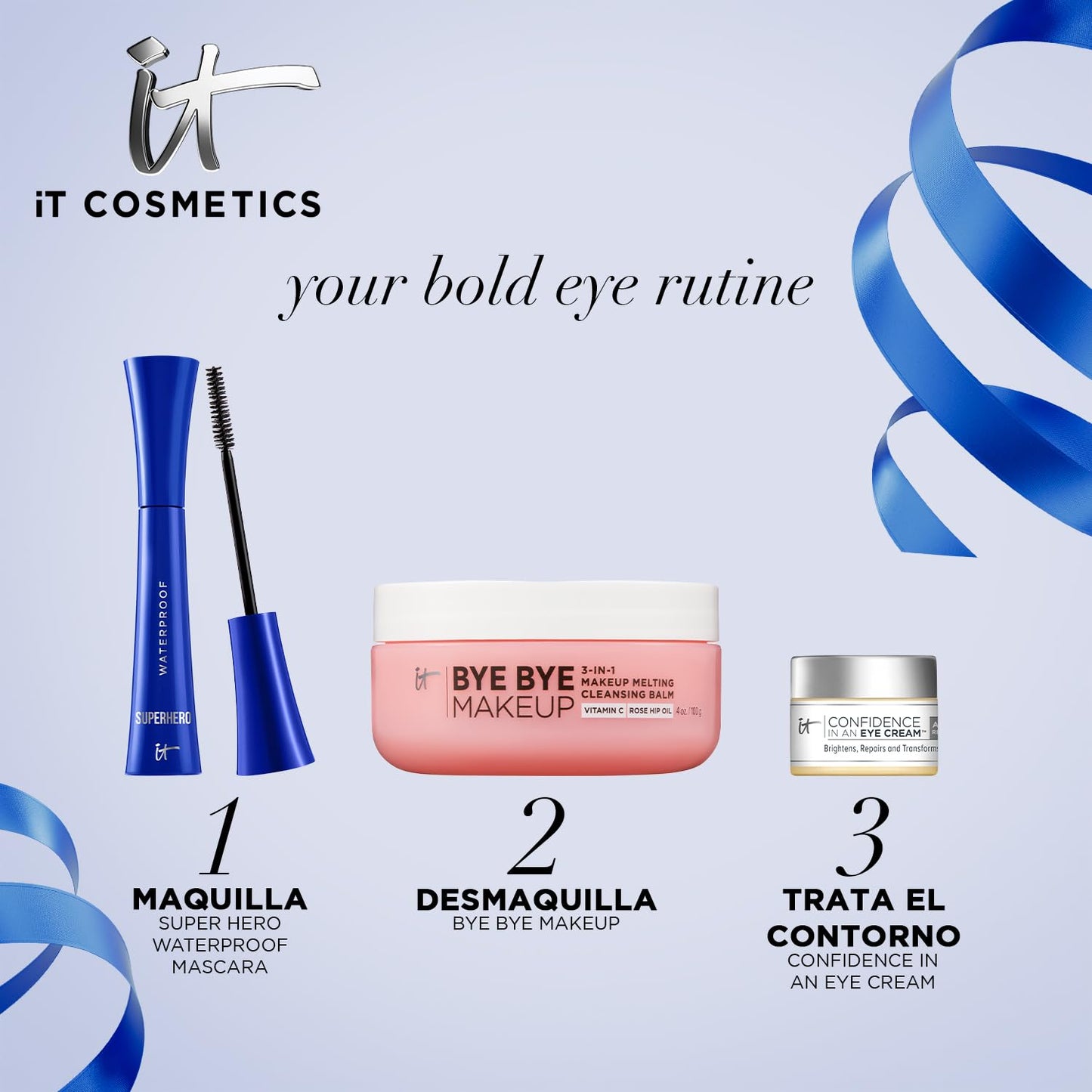 IT Cosmetics Bye Bye Makeup Cleanser, Set de Maquillaje Bold Eyes Kit Superhero Waterproof Mascara 9 ml + Bye Bye Makeup Desmaquillante 100 g + Confidence In An Eye Cream Contorno de Ojos 5 ml, Para Tu Atrevida Rutina de Ojos, 3 Piezas