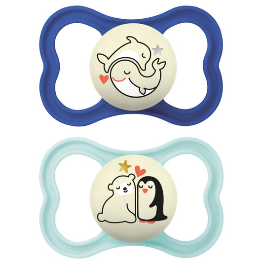 MAM Supreme Night Pacifiers (2 Pack, 1 Sterilizing Pacifier Case), Best Pacifier for Breastfed Babies 16+ Months, Glow in the Dark Pacifiers, Boy Pacifier