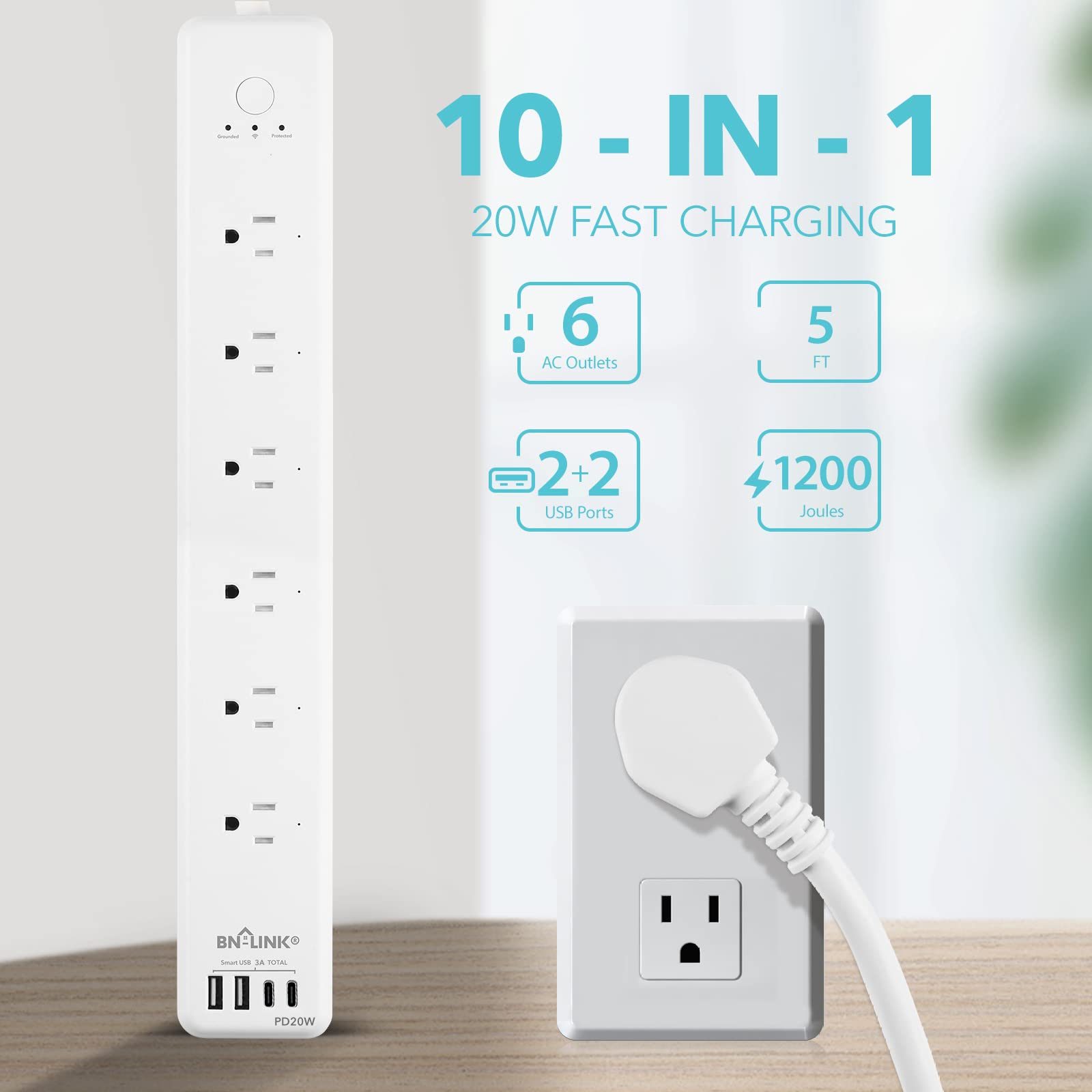 BN LINK Smart Plug Power Strip, protector de sobretensiones con 6 tomas inteligentes controladas individualmente, 4 USB (incl. 20 W USB-C), compatible con Alexa y Google Home