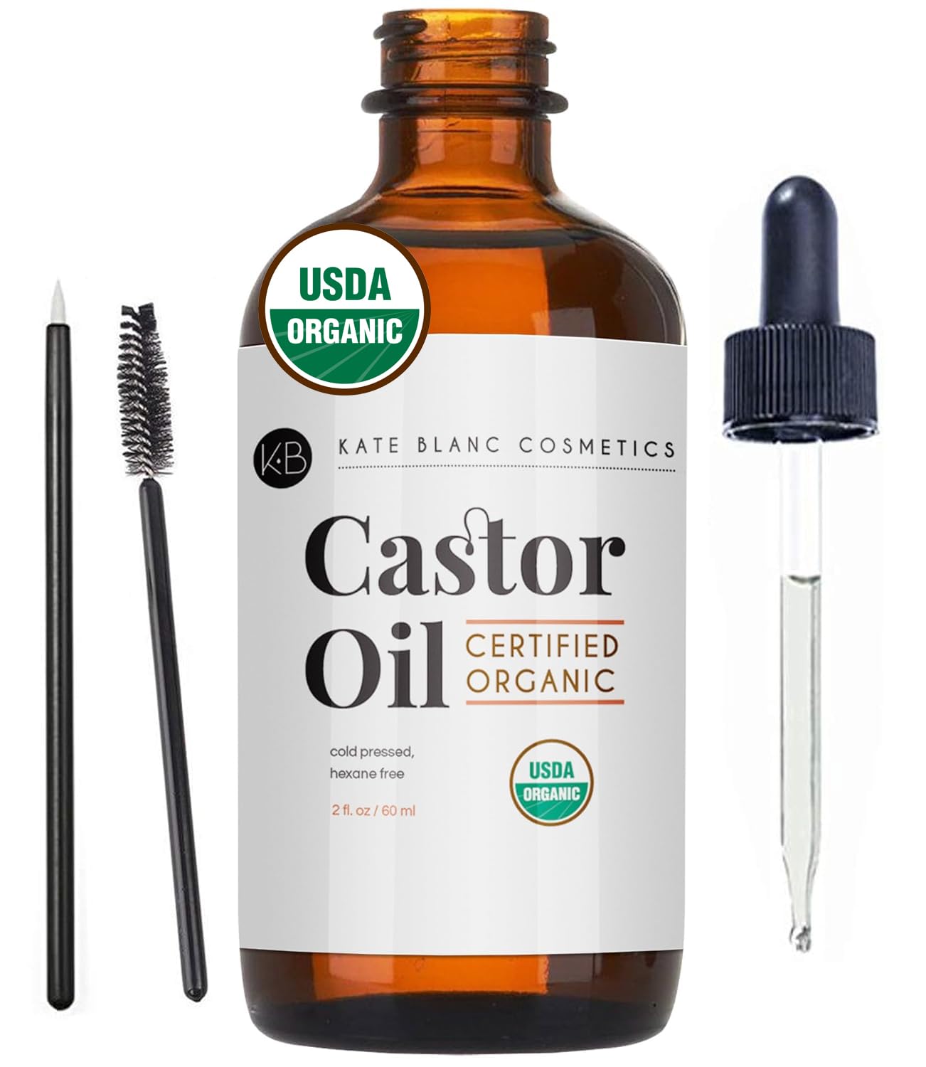 Castor Oil (2oz), USDA Certified Organic, 100% Pure, Cold Pressed, Hexane Free by Kate Blanc. Stimulate Growth for Eyelashes, Eyebrows, & Hair. Skin Moisturizer. FREE Starter Kit. 1-Year Guarantee.