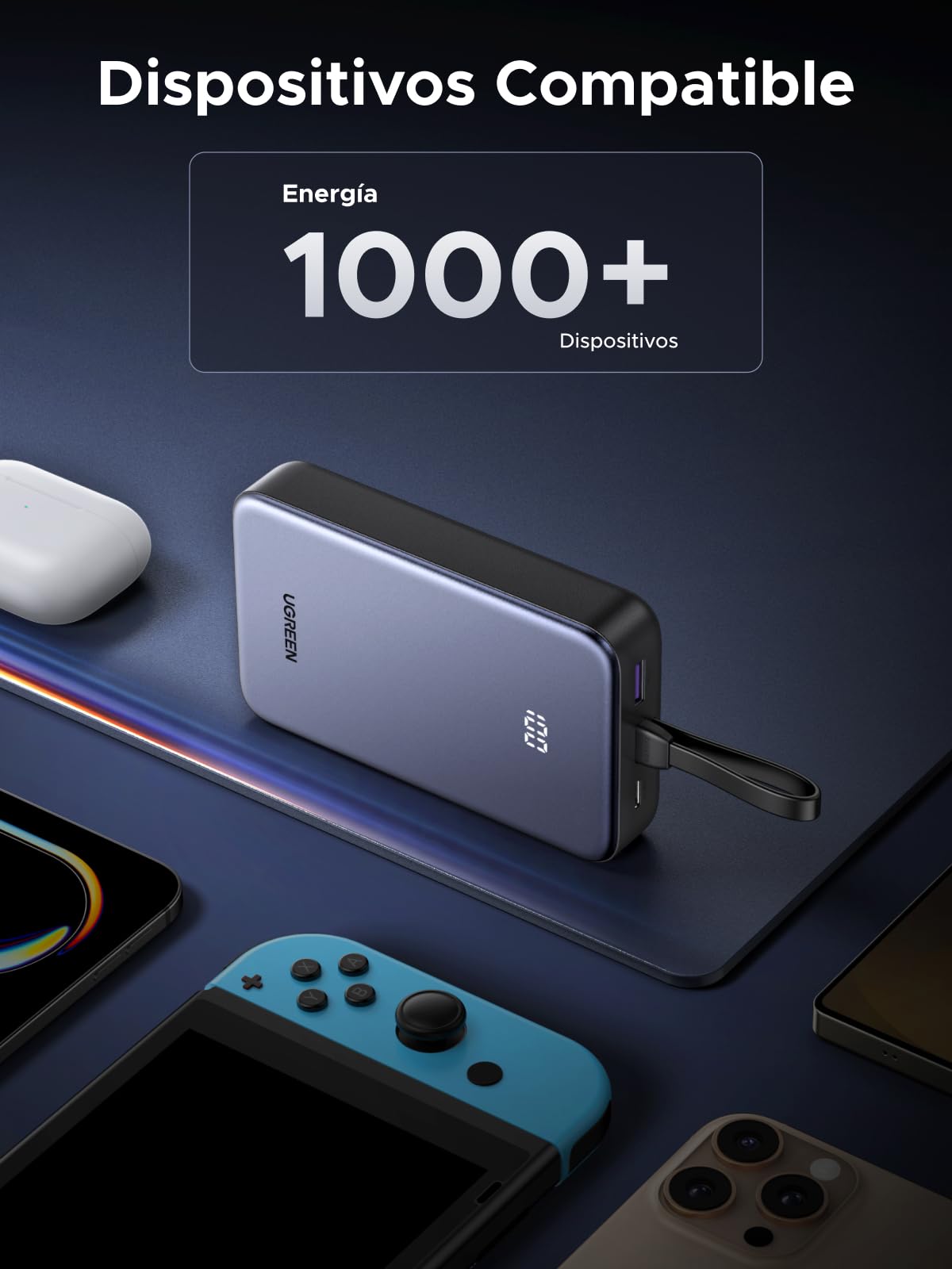 Cargador Portátil UGREEN 20000mAh Negro con Cable USB C y Carga Rápida