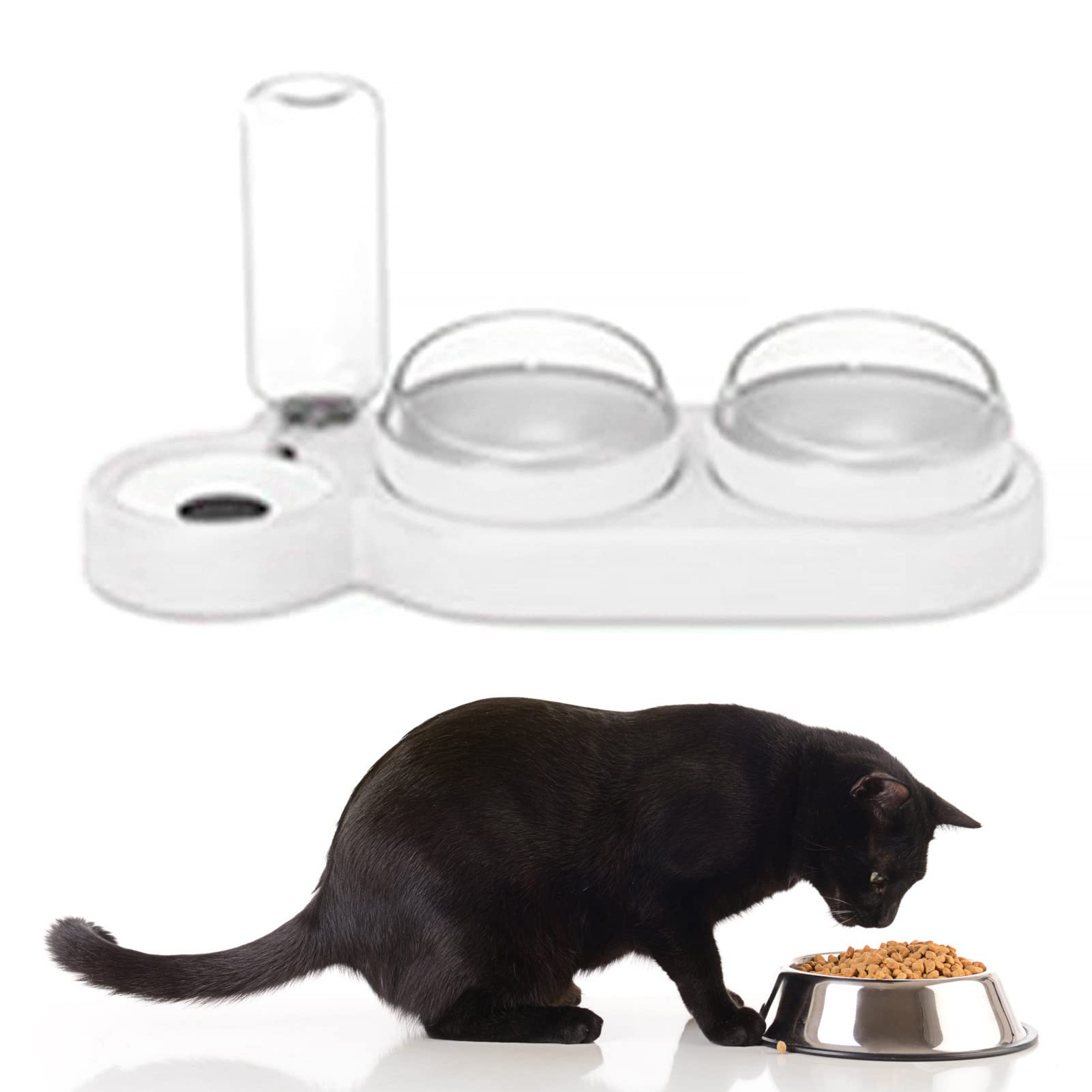 AMONIDA Plato Triple para Mascotas, Diseño Inclinable, Juego de Tazones de Agua para Mascotas, Protección de la Columna Cervical, Inodoro con Botella de Agua, Gato y Perro (Blanco)