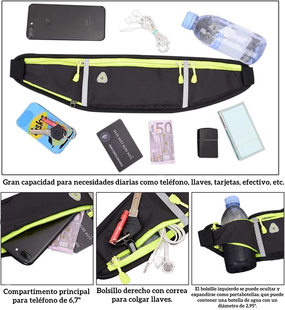 Cangurera Deportiva, Riñonera Deportiva con 1 Botellas de Agua, Riñonera Deportiva con Cinturón Regulable,Bolsillos de Auricular y Teléfono,correr,gimnasia,ciclismo,viajes y actividades al aire libre