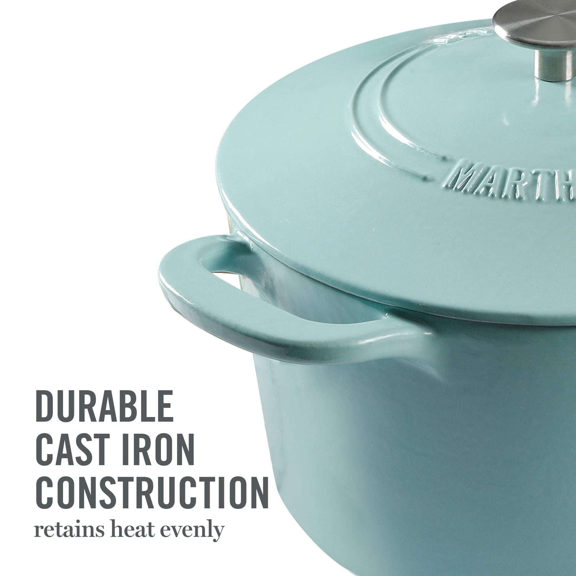 MARTHA STEWART Gatwick - Olla para horno holandesa de hierro fundido esmaltado de 7 cuartos con tapa, color azul Martha