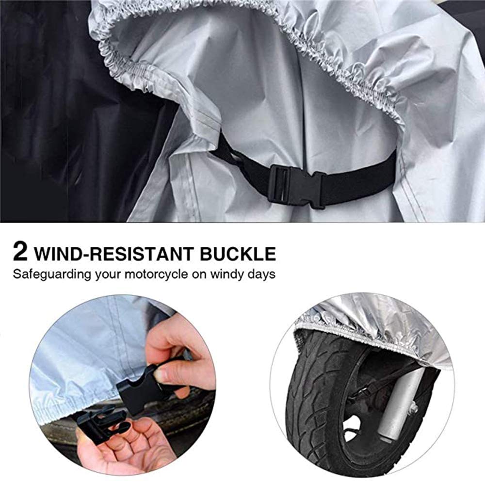 Funda para Motocicleta Impermeable Protector 190T - Polvo, Lluvia, escombros y Cubierta Resistente al Agua con protección UV para Motocicletas como Yamaha, Suzuki, Harley Honda(XXXL Negro y Plata)