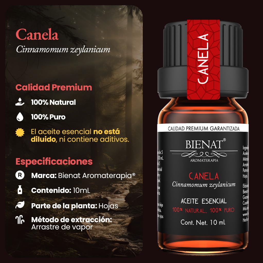 BIENAT AROMATERAPIA Aceite Esencial de Canela 10mL | 100% Puro y Concentrado | Ideal para Difusor de Aromas, Humidificador, Aromaterapia, Masajes, Meditación, Jabones y Velas | Esencia Natural en Gotas