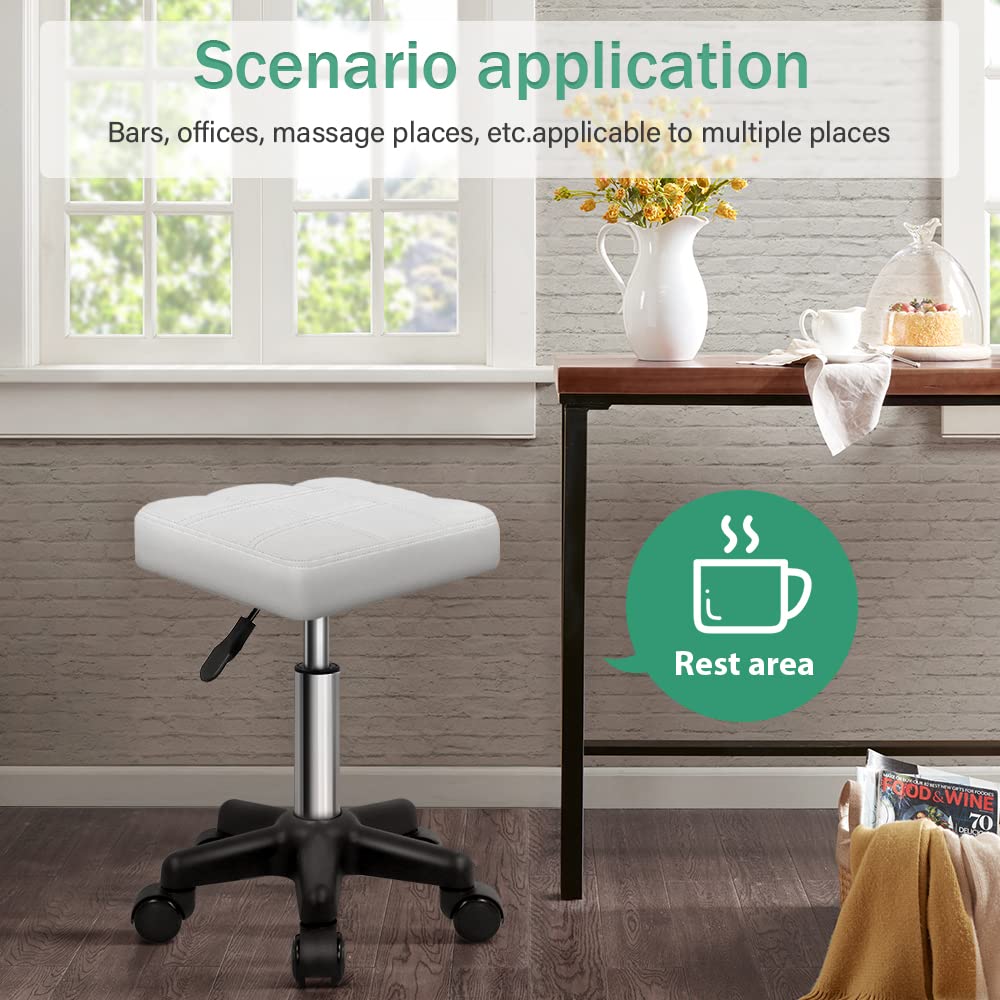 FURWOO - Taburete Giratorio Cuadrado con Ruedas, Taburete de Poliuretano con Ruedas y Altura Ajustable, para SPA, salón de Masaje, Color Blanco