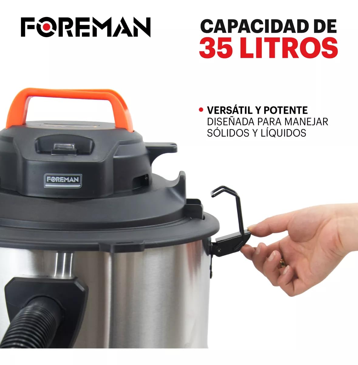 Foreman Aspiradora De Mano Industrial Capacidad 35L Sólidos y Líquidos Aspiradora | 2200W | Seco y Húmedo y Accesorios | Acero Inoxidable