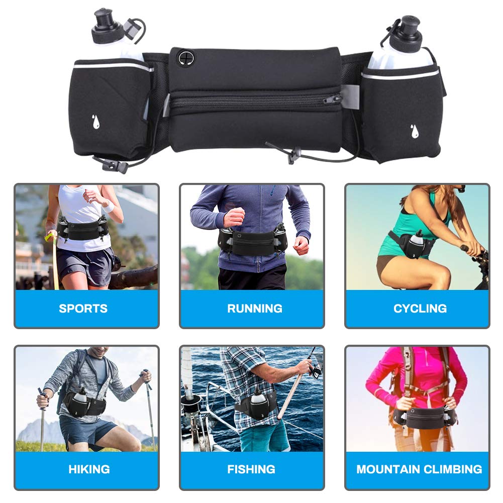 Luckit - Cinturón de hidratación para correr con 2 botellas de agua (2 x 300 ml), cintura reflectante para correr, bolsa de cintura deportiva ajustable para maratón, correr, senderismo, camping,