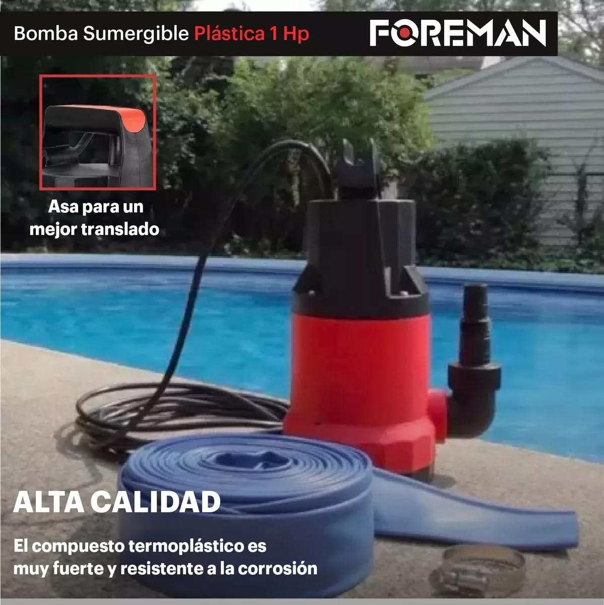 Foreman Bomba Sumergible Plástica | Bomba de Agua Limpia Silencioso Para Fuentes, Pecera, Acuario, Jardín y Estanque | 1Hp 750w 120v | Negro/Rojo