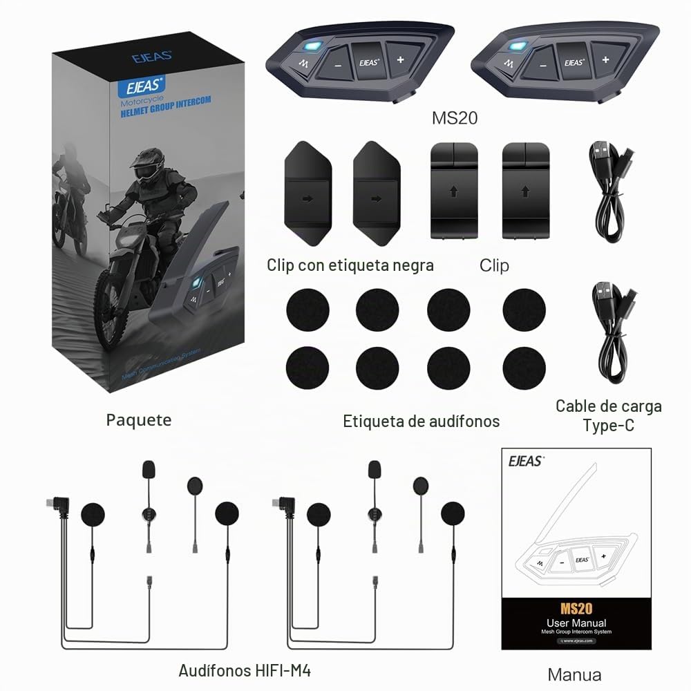 Intercomunicador Bluetooth iSunergy MS20 2000m Negro Universal para Motocicleta y Auricular con FM (2 Pack)