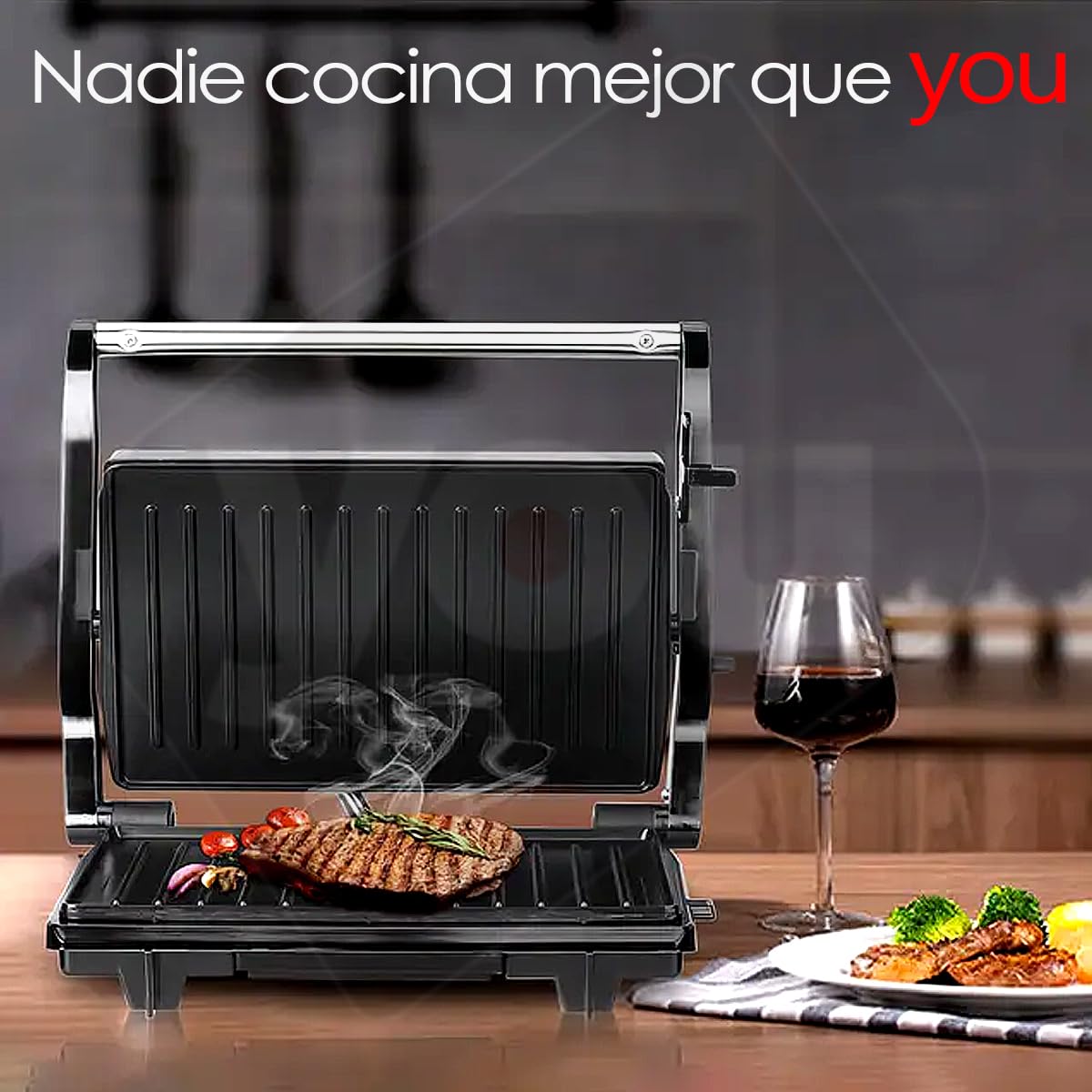 Parrilla Panini Grill Sandwich Doble Placa Antiadherente Abertura de 180°