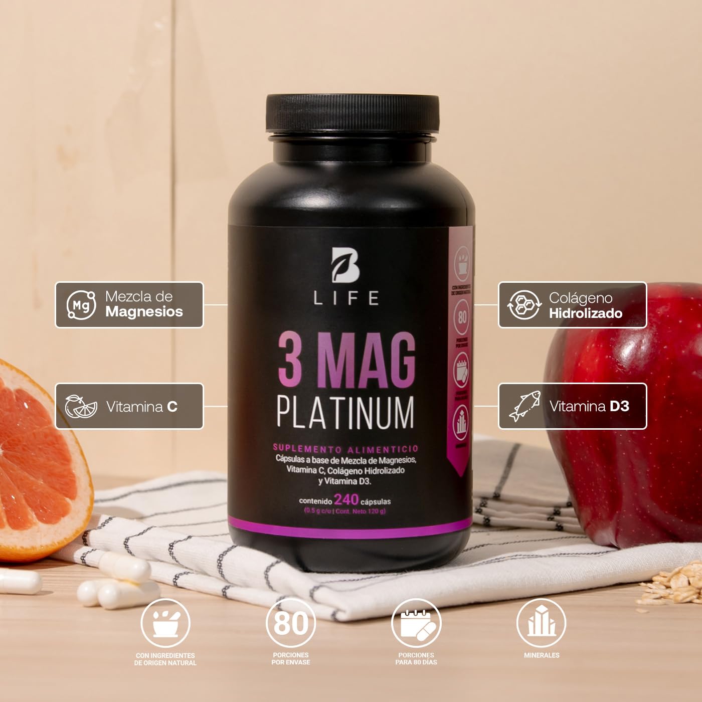 Suplemento de Magnesios Premium B Life Blanco con Colágeno Hidrolizado, Vitamina D3 y Vitamina C