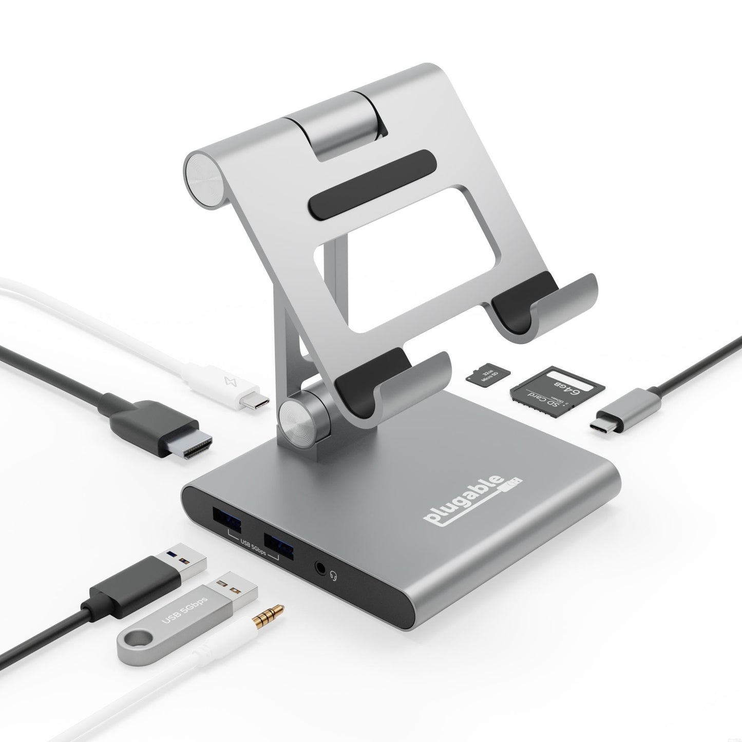 Hub USB C Plugable gris compatibilidad iPad con soporte y carga de 100W