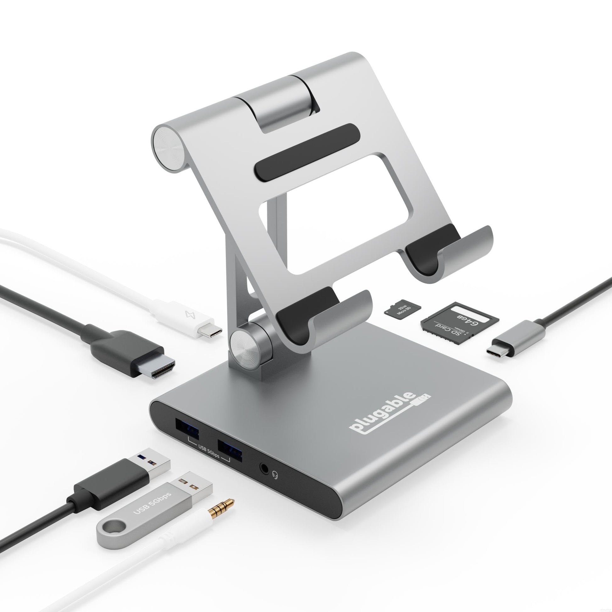 Hub USB C Plugable gris compatibilidad iPad con soporte y carga de 100W