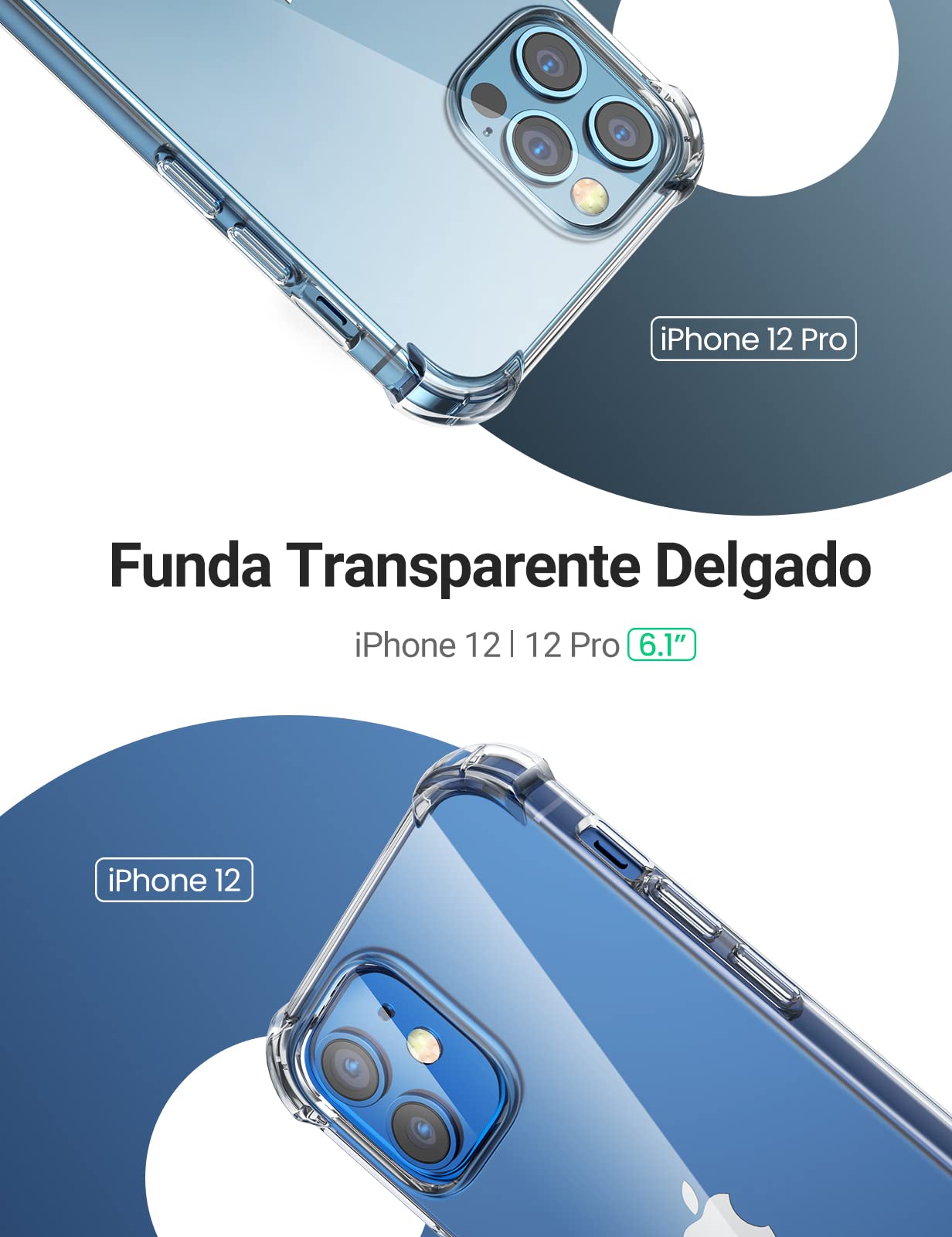 Funda Transparente UGREEN para iPhone 12/12 Pro de 6.1 Pulgadas con Protección de Absorción de Choque y Cojín en Esquinas