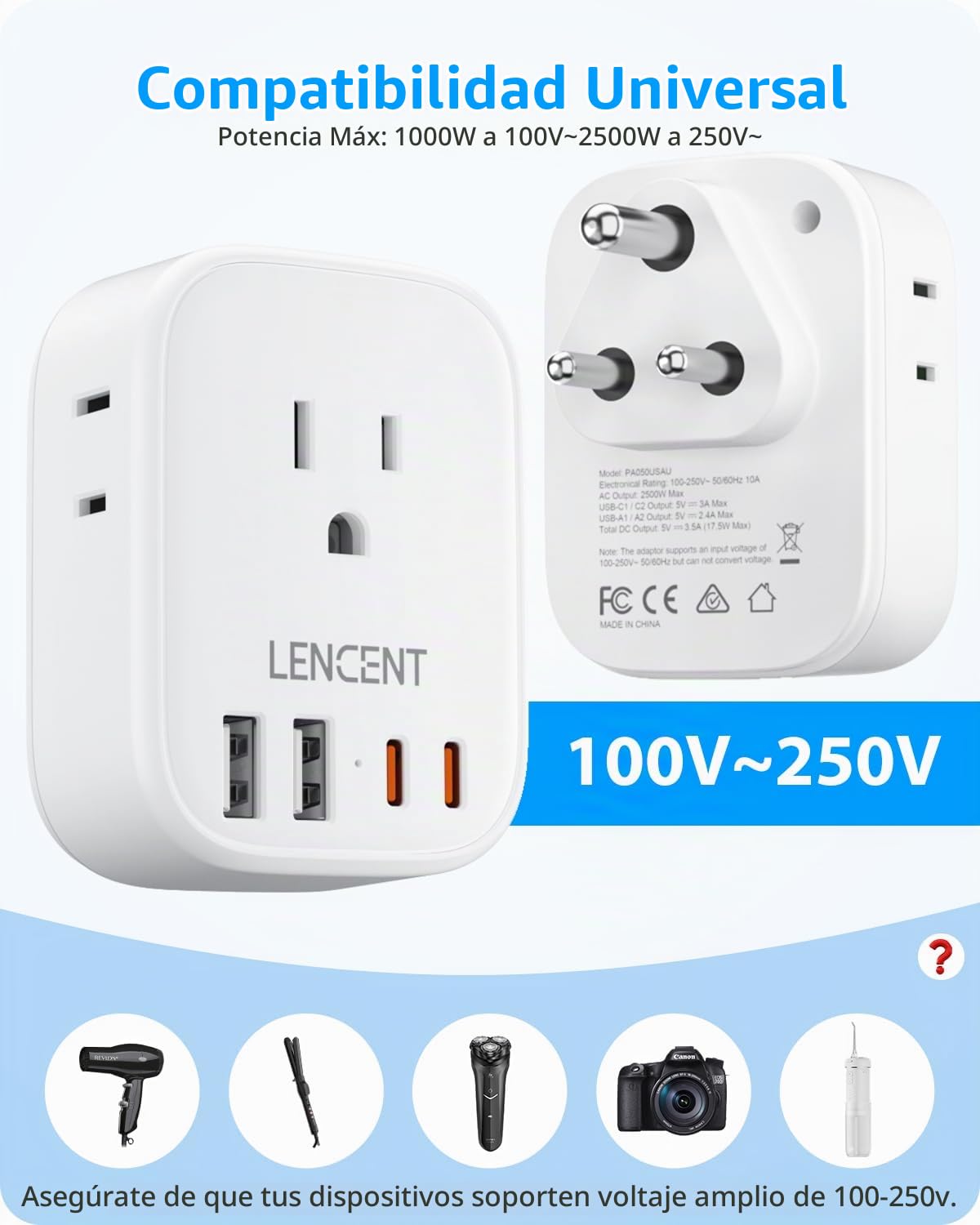 Adaptador de Corriente LENCENT Blanco con 4 Tomas CA