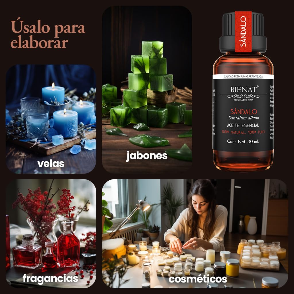 BIENAT AROMATERAPIA Aceite Esencial de Sándalo 30mL | 100% Puro y Concentrado | Ideal para Difusor de Aromas, Humidificador, Aromaterapia, Masajes, Meditación, Jabones y Velas | Esencia Natural en Gotas