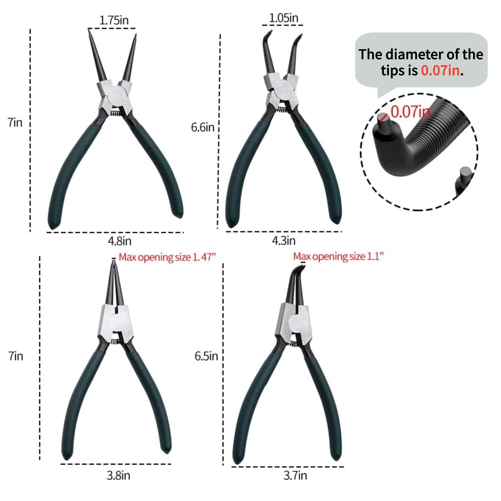Juego de alicates de anillo a presión, 4 piezas de 7 ", juego de alicates para anillos de seguridad internos externos con mandíbula recta doblada, alicates de precisión con resorte de alta resistencia