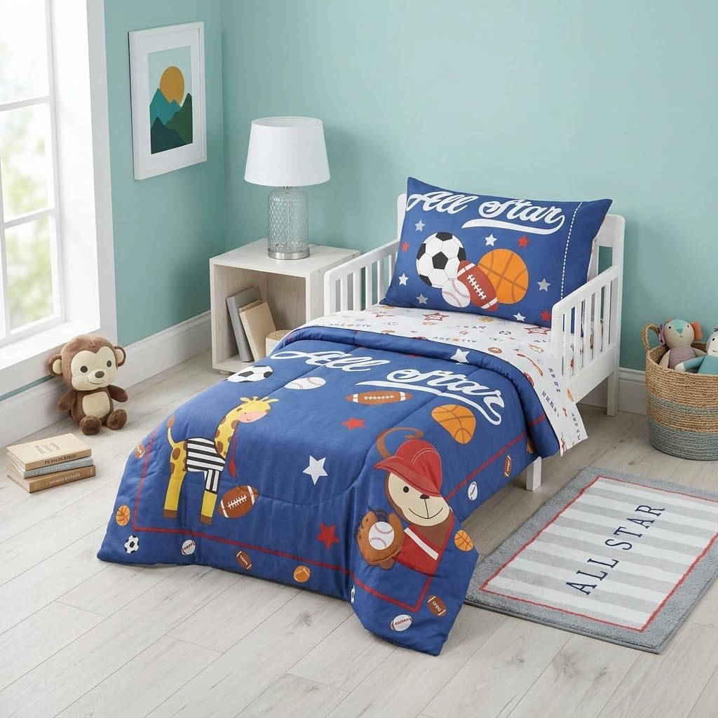 EVERYDAY KIDS - Juego de ropa de cama de 4 piezas para niños pequeños – Jungle Sports – Suave percal 100% algodón, incluye edredón, sábana encimera, sábana bajera ajustable y funda de almohada