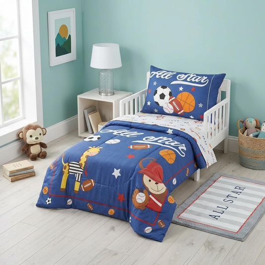 EVERYDAY KIDS - Juego de ropa de cama de 4 piezas para niños pequeños – Jungle Sports – Suave percal 100% algodón, incluye edredón, sábana encimera, sábana bajera ajustable y funda de almohada