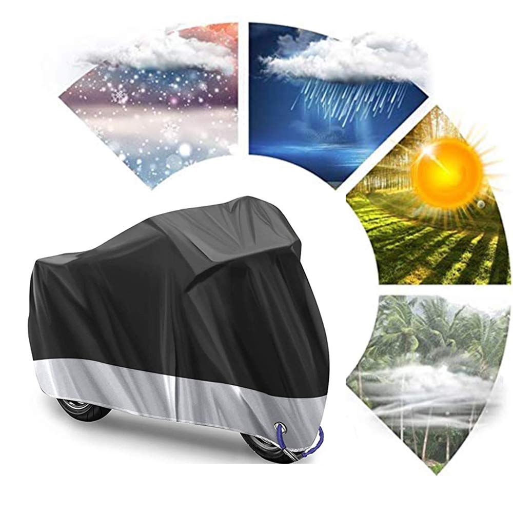 Cubierta para Motocicletas Bicicleta Impermeable Protección - Protector de Motocicleta con 2 Orificios de Bloqueo y el Bolso del Almacenaje XL (Negro y Plata)
