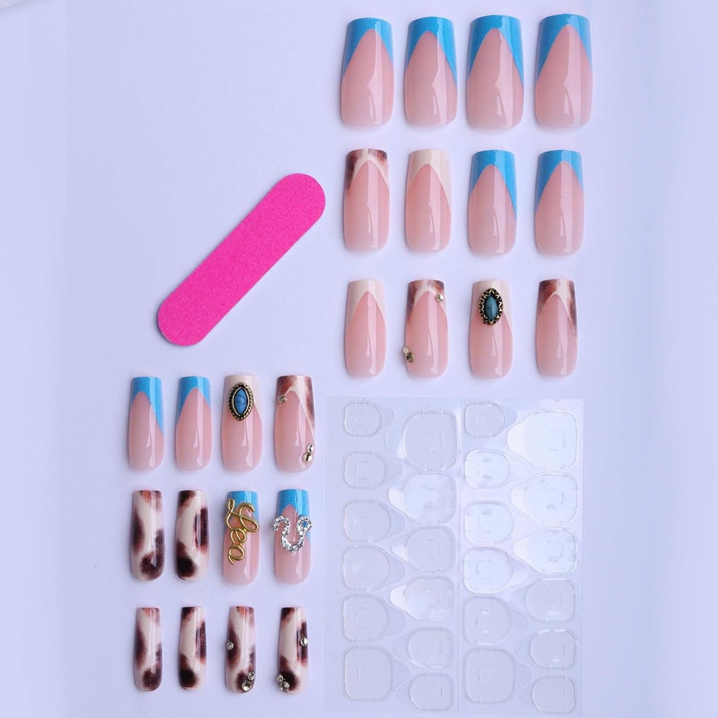octoswave OCTOSWAVE Uñas postizas cuadradas de larga duración, uñas postizas francesas 3D con piedras preciosas azules, uñas adhesivas para mujer, 24 unidades