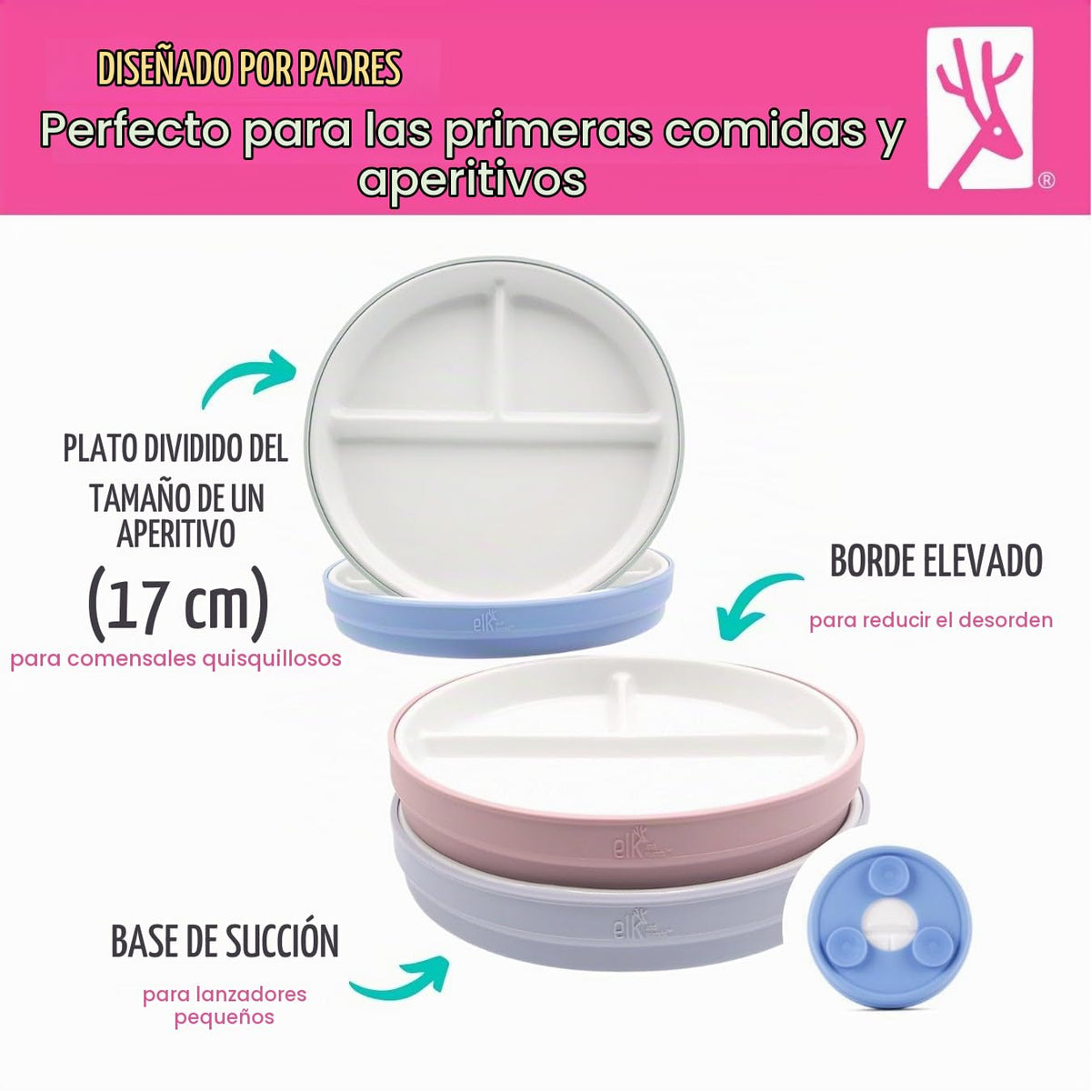Elk and Friends Kids - Platos divididos de porcelana blanca de 6.7 pulgadas con mangas de succión de silicona, adecuados para bebés/niños pequeños, aptos para microondas y lavavajillas, vajilla para