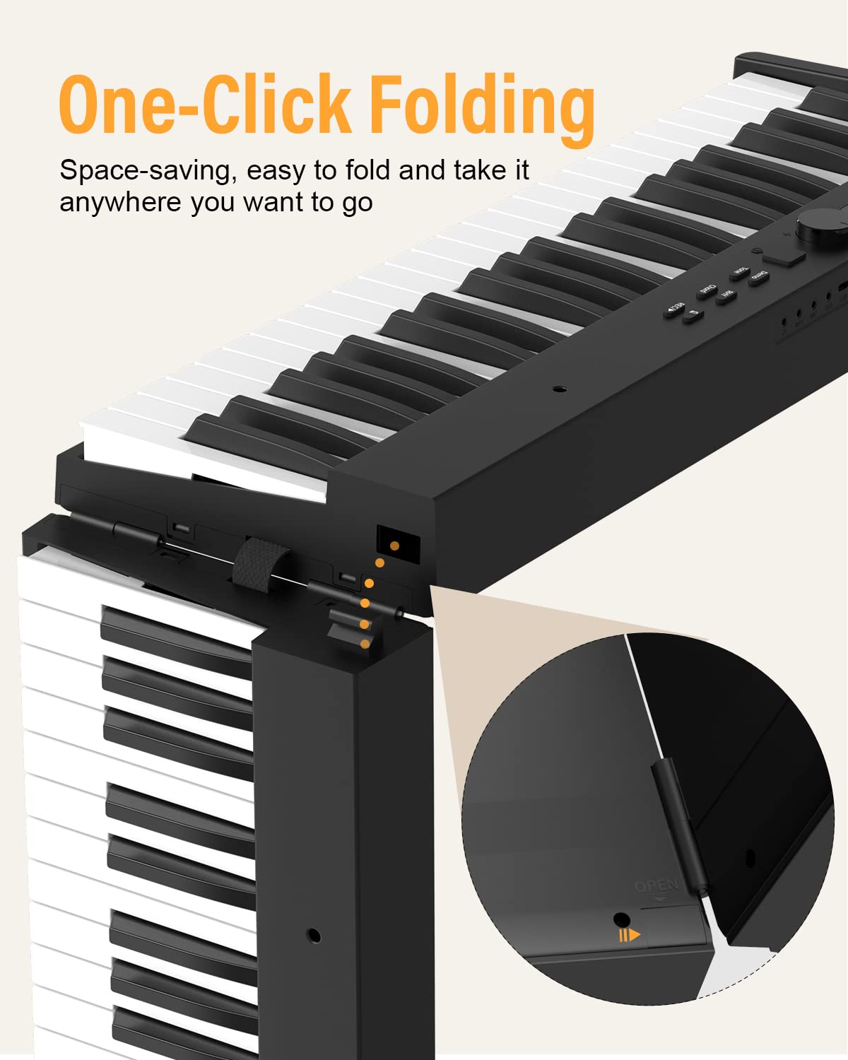 KONIX Teclado de piano plegable, 88 teclas de tamaño completo, teclado de piano plegable semipesado, teclado electrónico portátil Bluetooth con soporte de partitura, pedal sostenible y bolsa de piano,